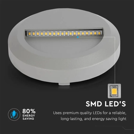 V-TAC 2W szürke LED lépcsővilágítás, kerek, IP65, meleg fehér - SKU 1319