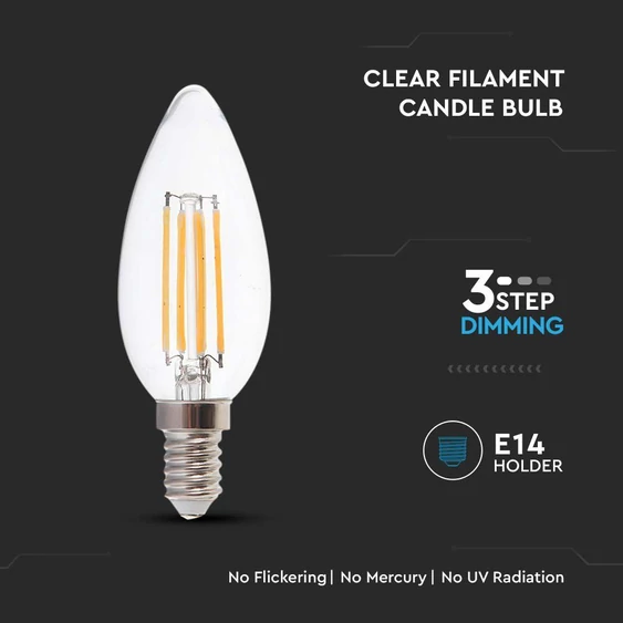 LED Bulb - 4W Filament E14 C35 Clear glass 3000K, 3 step dimming