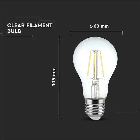 V-TAC 3 lépésben dimmelhető 4W E27 meleg fehér filament A60 LED égő, 100 Lm/W - SKU 6845