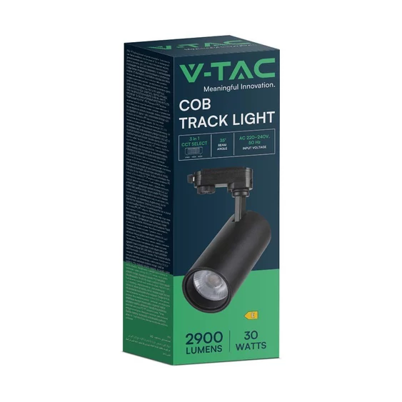 V-TAC 30W COB sínes spotlámpa, állítható színhőmérséklettel, fekete házas - SKU 8078