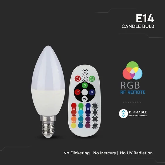 V-TAC 3.5W E14 RGB+meleg fehér dimmelhető LED gyertya égő - SKU 2769