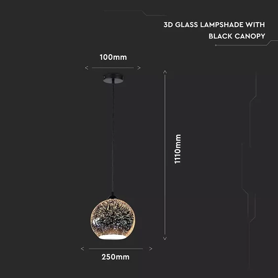 V-TAC 3D-s üveg csillár, függeszték E27 foglalattal, O250mm - SKU 40131