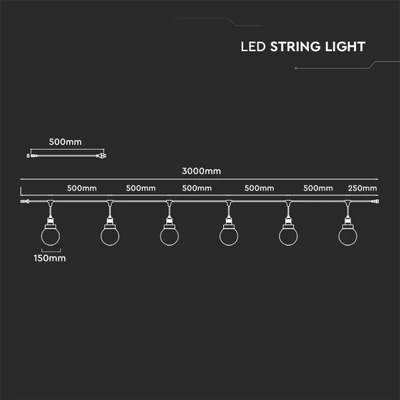 LED String Ligh 3M With 6 Bulbs Matt Black IP65