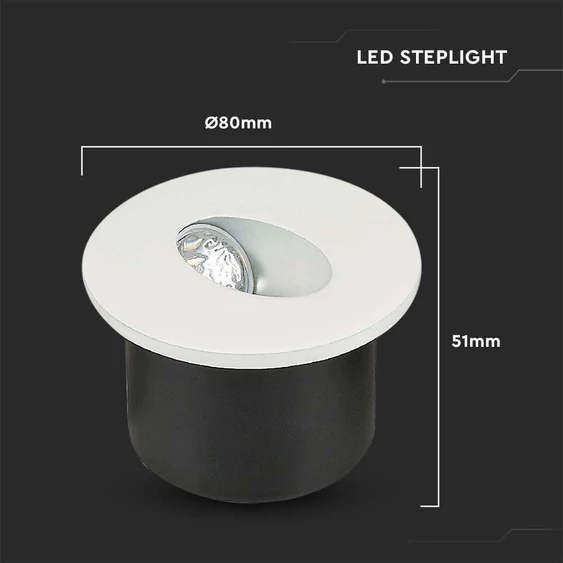 V-TAC 3W beltéri COB LED lépcsővilágítás, kerek, természetes fehér, 90 Lm/W - SKU 211208