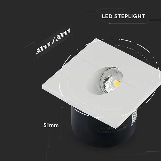 V-TAC 3W beltéri LED lépcsővilágítás, szögletes, meleg fehér - SKU 1209