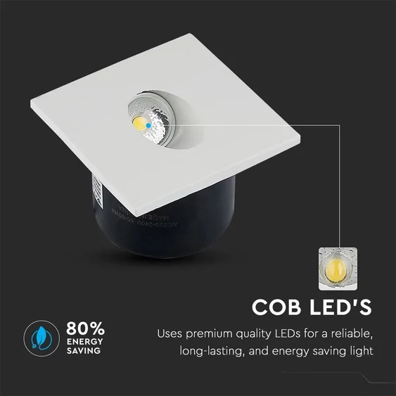 V-TAC 3W beltéri LED lépcsővilágítás, szögletes, meleg fehér - SKU 1209