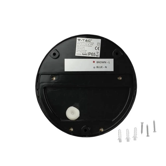 V-TAC 3W fekete LED lépcsővilágítás, kerek, IP65, meleg fehér - SKU 1404