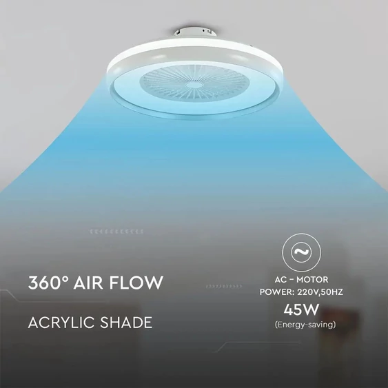 V-TAC 45W mennyezeti ventilátor, változtatható színhőmérséklettel, szürke díszcsíkkal - SKU 217935