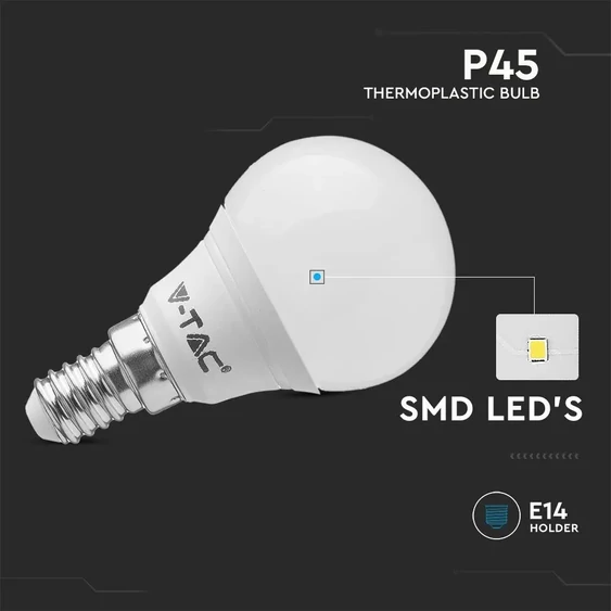 V-TAC 4.5W E14 meleg fehér P45 LED égő csomag (3 db) - SKU 217357