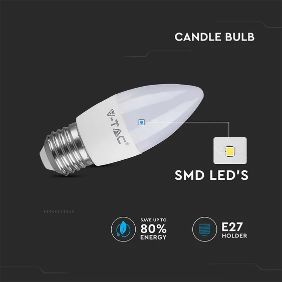 V-TAC 4.5W E27 természetes fehér C37 LED gyertya égő - SKU 2143431