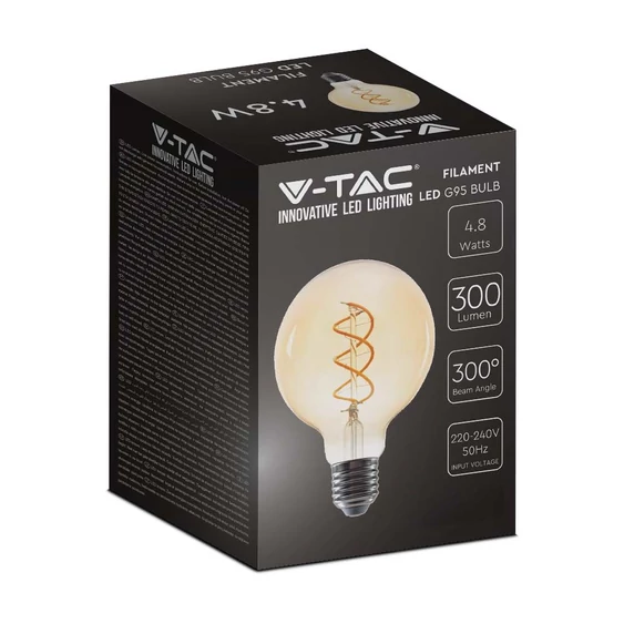 V-TAC 4.8W borostyán E27 spirál filament, G95 LED égő, 1800K - SKU 217217