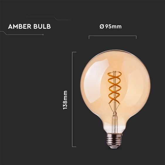 V-TAC 4.8W borostyán E27 spirál filament, G95 LED égő, 1800K - SKU 217217