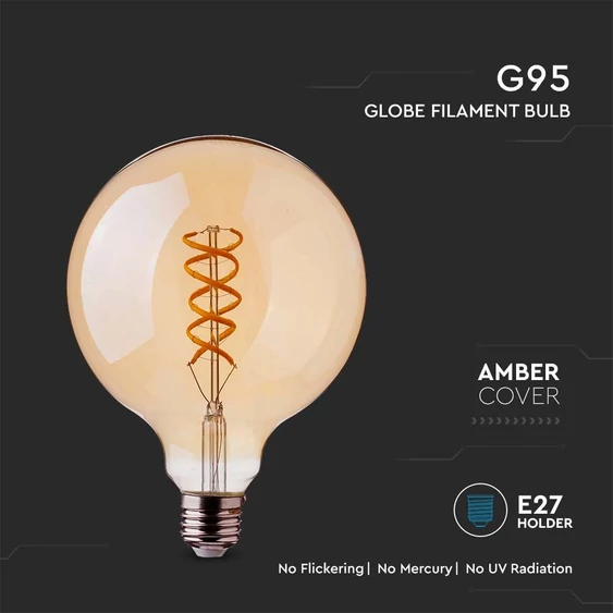 V-TAC 4.8W borostyán E27 spirál filament, G95 LED égő, 1800K - SKU 217217