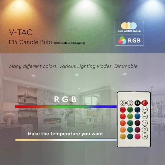 V-TAC 4.8W E14 RGB+ Természetes fehér C37 gyertya LED égő, 24 gombos távirányítóval  - SKU 2929