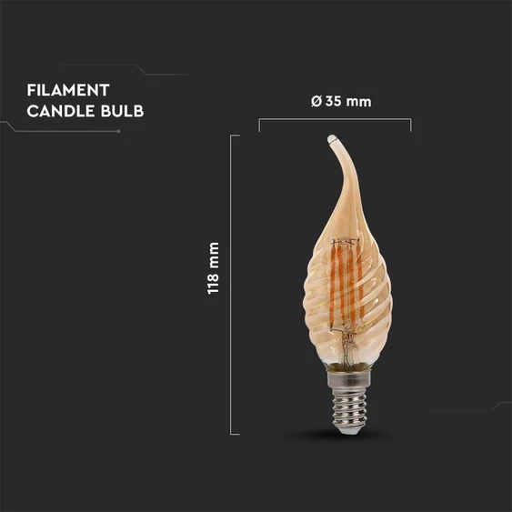 V-TAC 4W borostyán E14 filament C35 LED csavart gyertyaláng égő, 2200K - SKU 217116