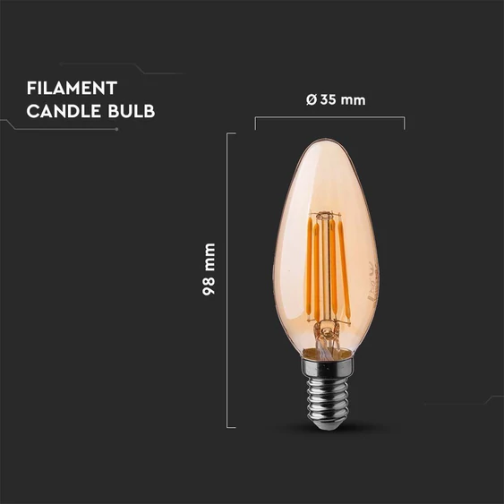 V-TAC 4W borostyán E14 filament C35 LED gyertya égő, 2200K - SKU 217113