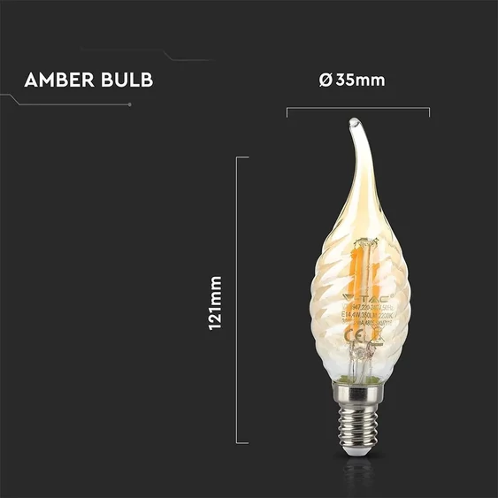 V-TAC 4W borostyán E14 meleg fehér filament LED csavart gyertyaláng égő - SKU 7116