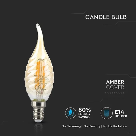 V-TAC 4W borostyán E14 meleg fehér filament LED csavart gyertyaláng égő - SKU 7116