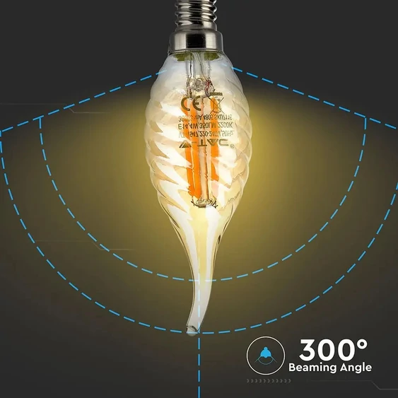 V-TAC 4W borostyán E14 meleg fehér filament LED csavart gyertyaláng égő - SKU 7116