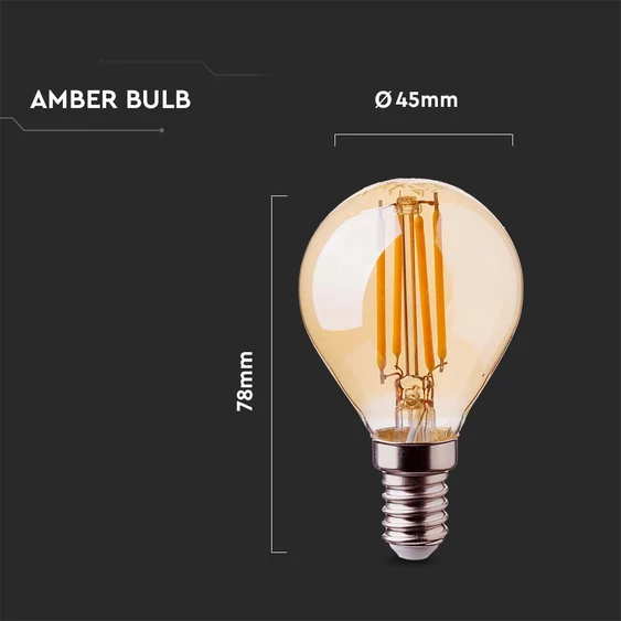 V-TAC 4W borostyán E14 filament P45 LED kisgömb égő, 2200K - SKU 214499