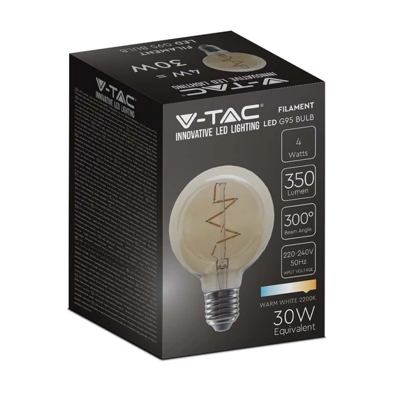 V-TAC 4W borostyán E27 filament G95 LED égő, 2200K - SKU 217146