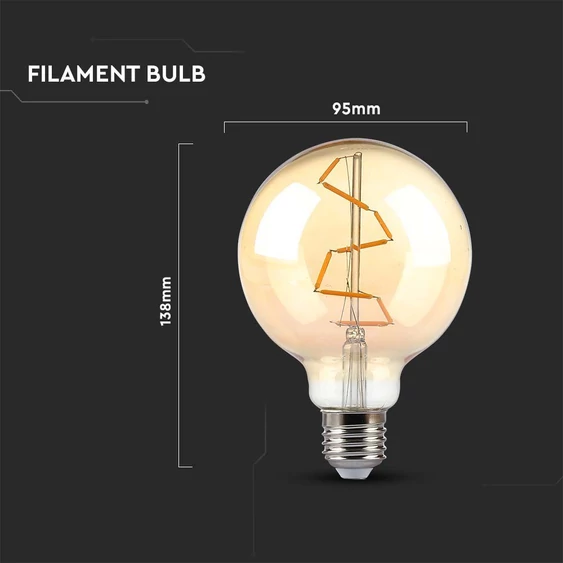 V-TAC 4W borostyán E27 filament G95 LED égő, 2200K - SKU 217146