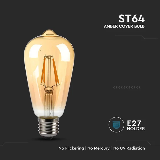 V-TAC 4W borostyán E27 filament ST64 LED égő, 2200K - SKU 214361