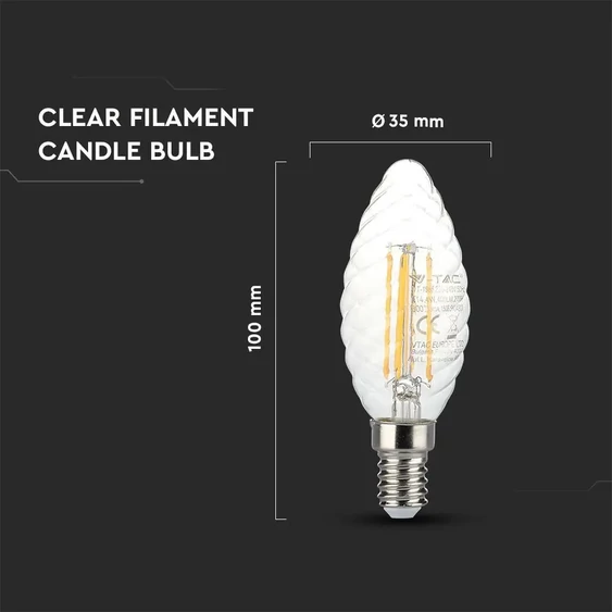 V-TAC 4W E14 meleg fehér dimmelhető filament LED csavart gyertya égő - SKU 4367