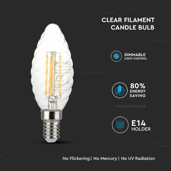 V-TAC 4W E14 meleg fehér dimmelhető filament LED csavart gyertya égő - SKU 4367