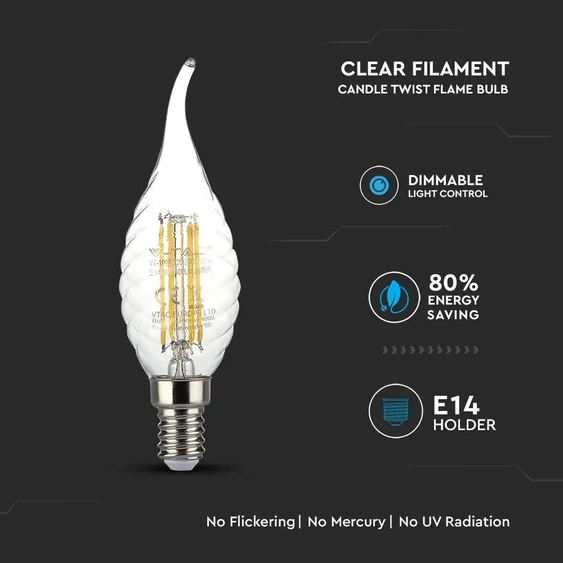 V-TAC 4W E14 meleg fehér dimmelhető filament LED csavart gyertyaláng égő - SKU 4388