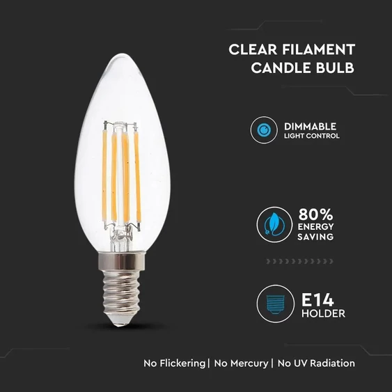 V-TAC 4W E14 meleg fehér dimmelhető filament LED gyertya égő - SKU 4365
