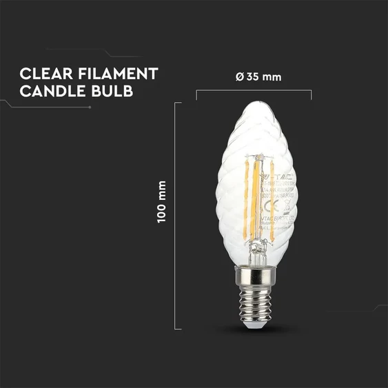 V-TAC 4W E14 meleg fehér filament LED csavart gyertya égő - SKU 279