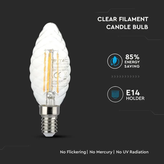 V-TAC 4W E14 meleg fehér filament LED csavart gyertya égő - SKU 279