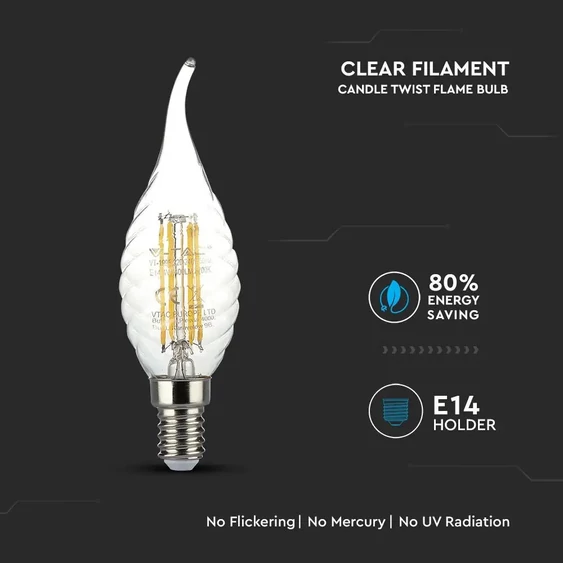 V-TAC 4W E14 meleg fehér filament LED csavart gyertyaláng égő - SKU 4308
