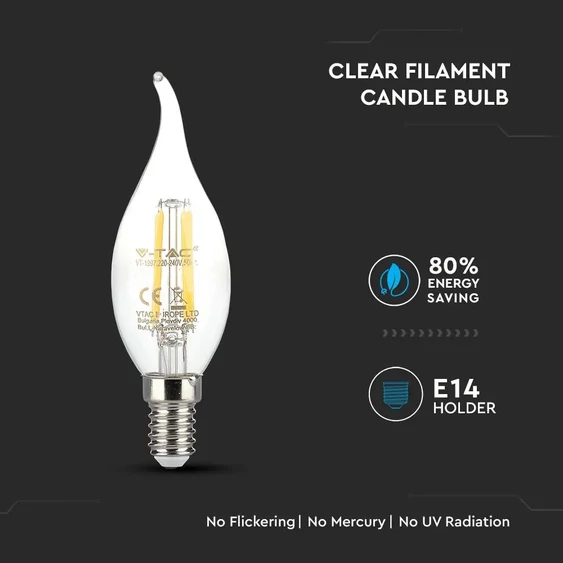 V-TAC 4W E14 meleg fehér filament LED gyertyaláng égő - SKU 4302