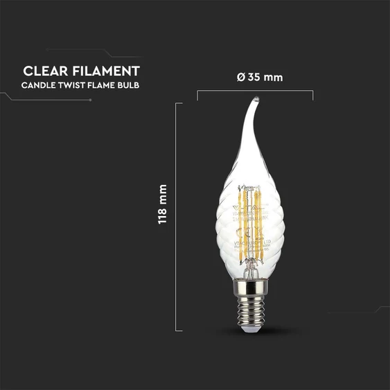 V-TAC 4W E14 természetes fehér filament C35 LED csavart gyertyaláng égő - SKU 214431