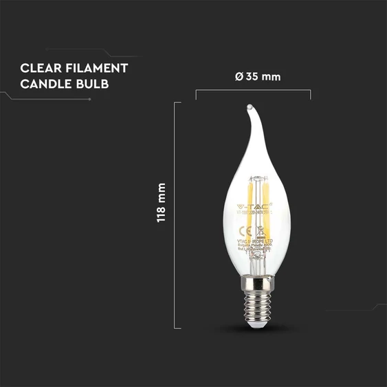 V-TAC 4W E14 természetes fehér filament C35 LED gyertyaláng égő - SKU 214429