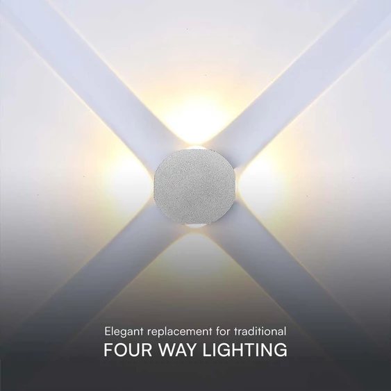 V-TAC mini 4W kültéri fali COB LED lámpa, 4 irányú kerek, fehér házzal, meleg fehér - SKU 10589