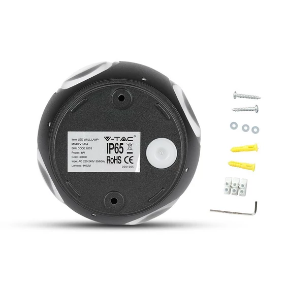V-TAC 4W kültéri, fekete, fali LED lámpa meleg fehér - SKU 8553
