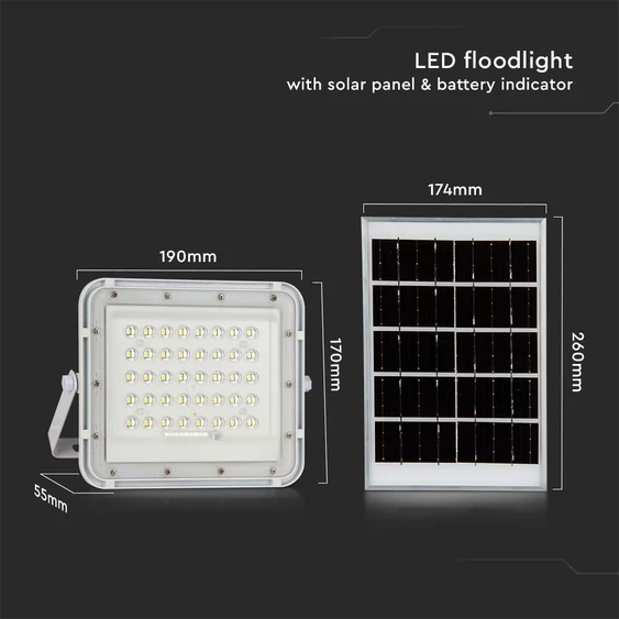 V-TAC 5000mAh napelemes LED reflektor 6W természetes fehér, 400 Lumen, fehér házzal - SKU 7840