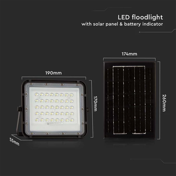 Black LED 6W solar floodlight, 5000mAh battery, 4000K, IP65