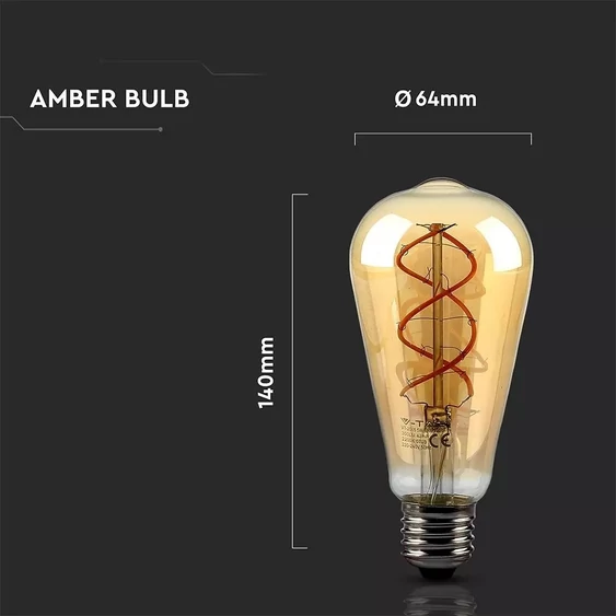 V-TAC 5W borostyán E27 meleg fehér filament LED égő - SKU 7218