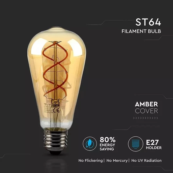 V-TAC 5W borostyán E27 meleg fehér filament LED égő - SKU 7218
