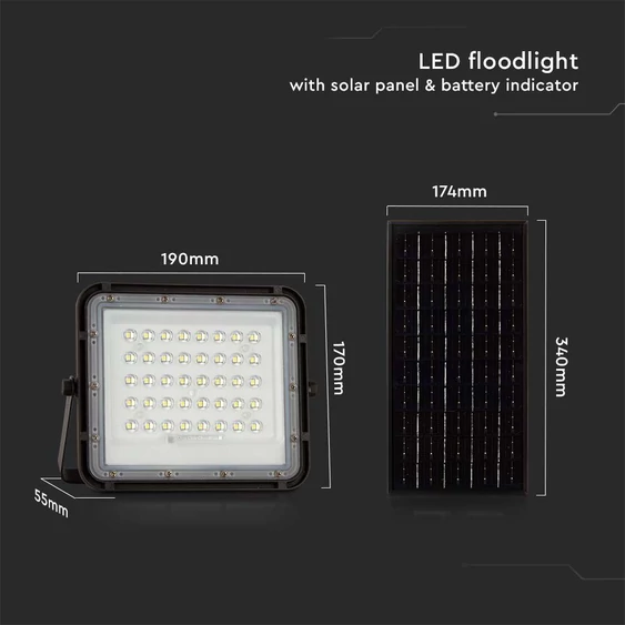 Black LED 10W solar floodlight, 6000mAh battery, 4000K, IP65