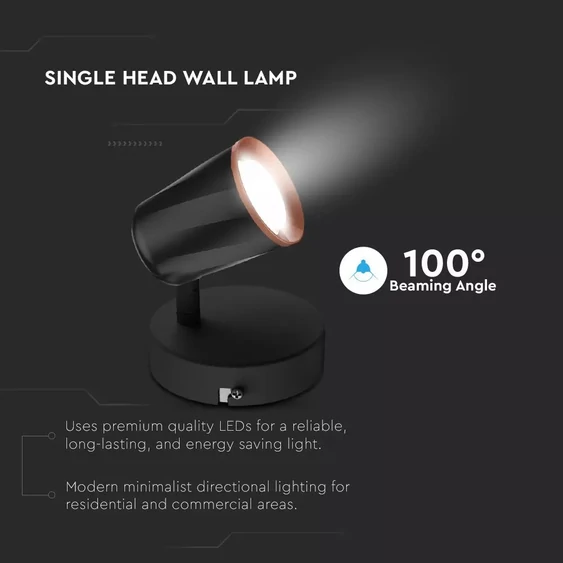 V-TAC 6W beltéri fekete fali LED lámpa meleg fehér - SKU 8251