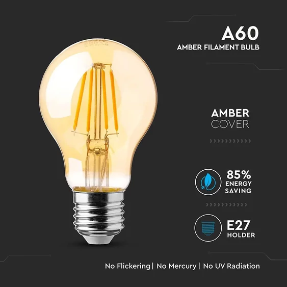 V-TAC 6W borostyán E27 meleg fehér filament LED égő - SKU 286