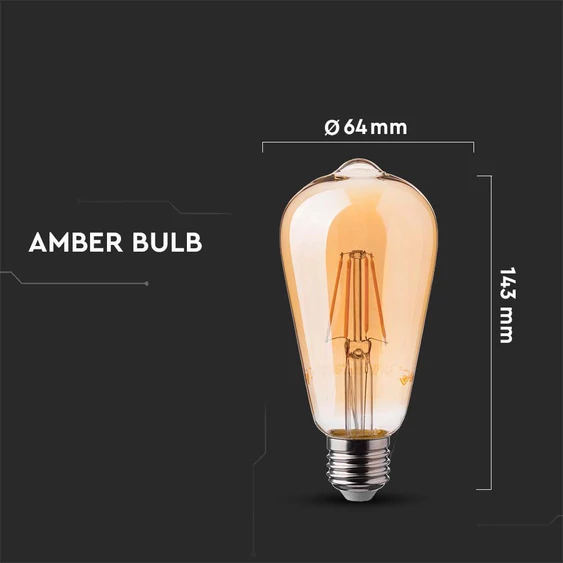 V-TAC 6W borostyán E27 filament ST64 LED égő, 2200K, 90 Lm/W - SKU 214362