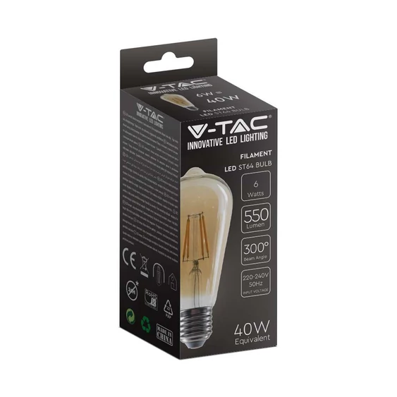 V-TAC 6W borostyán E27 filament ST64 LED égő, 2200K, 90 Lm/W - SKU 214362