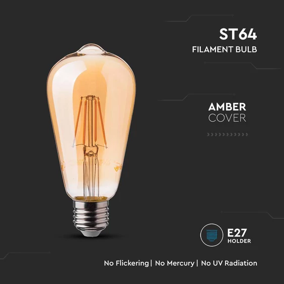 V-TAC 6W borostyán E27 filament ST64 LED égő, 2200K, 90 Lm/W - SKU 214362