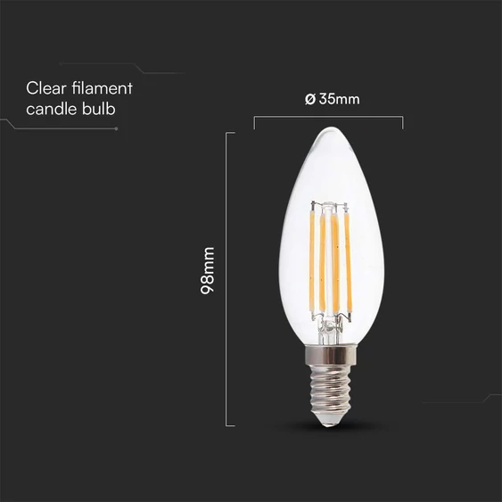 V-TAC 6W E14 meleg fehér filament C35 gyertya LED égő, 130 Lm/W - SKU 212848